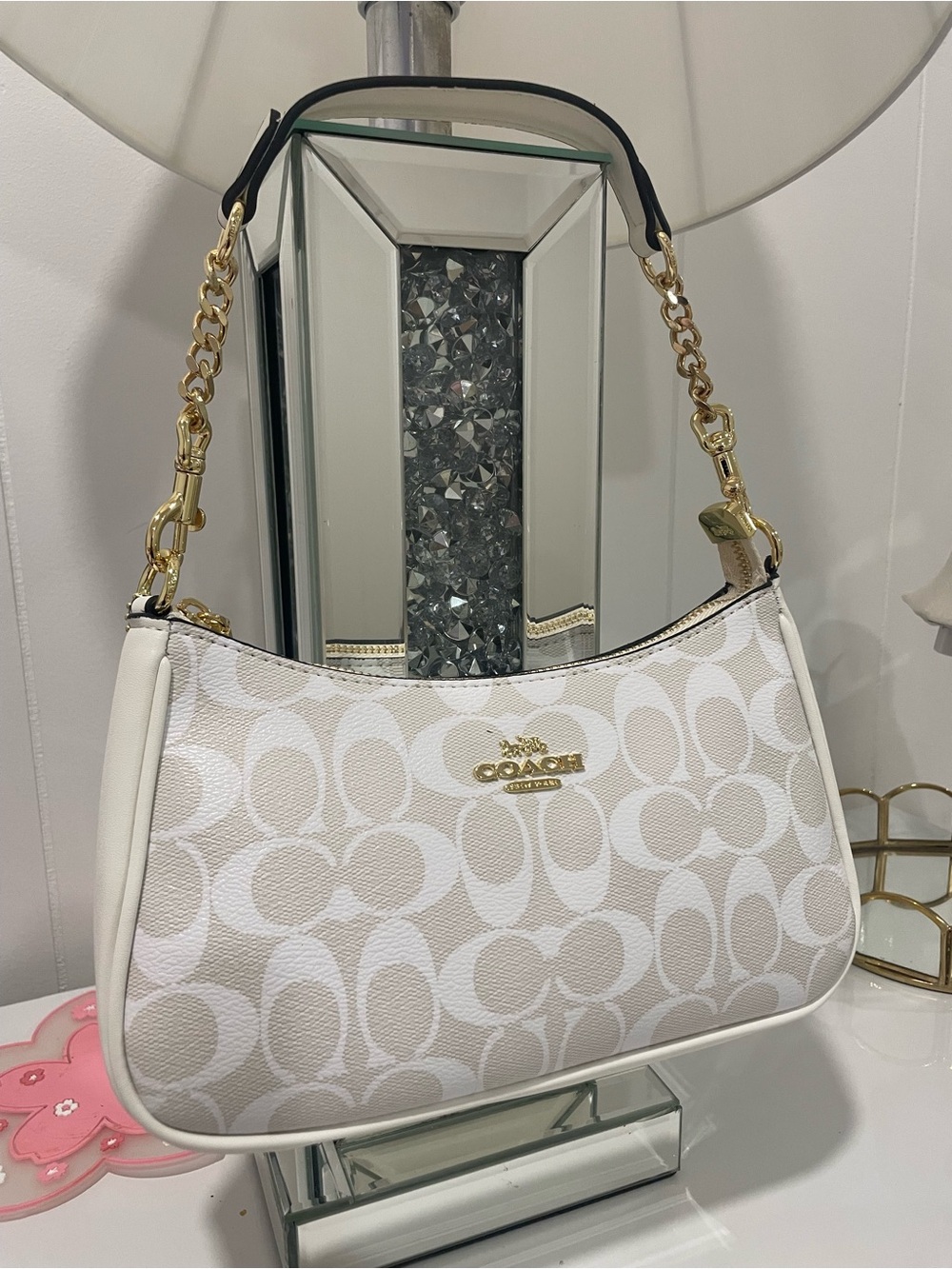 Coach White Signature Canvas Shoulder Bag with Gold Hardware